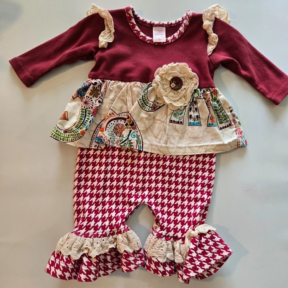 Giggle Moon Christmas Dress and Shorts Happy Holly Daze 3M‎ Red Velour Baby Girl